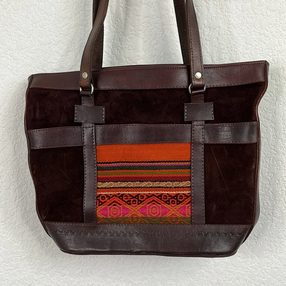 Bolivian Suede Leather Stamped Tapestry Bucket Shoulder Tote Bag